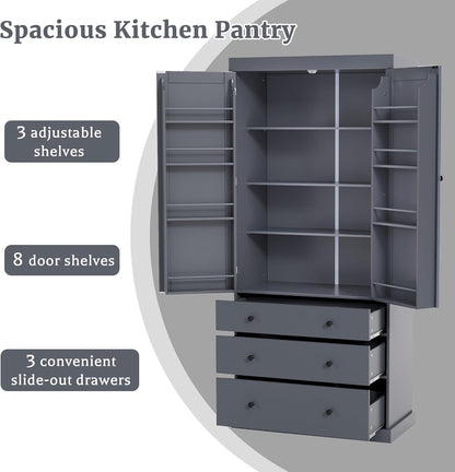 77" Tall Kitchen Pantry Cabinet with 3 Drawers, Large Wooden Kitchen Organizers Storage Cabinet Cupboard with 8 Door Shelves and 3 Adjustable Shelves for Dining Room, Grey