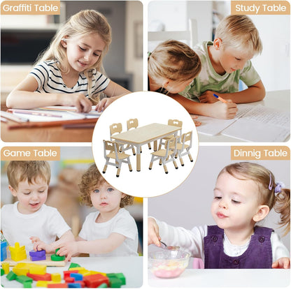 Kids Table and 6 Chairs Set, Height Adjustable Toddler Table and Chairs Set | Graffiti Desktop, Non-Slip Legs, Children Activity Table for for Ages 2-10 Daycare Classroom Home Preschool, Natural