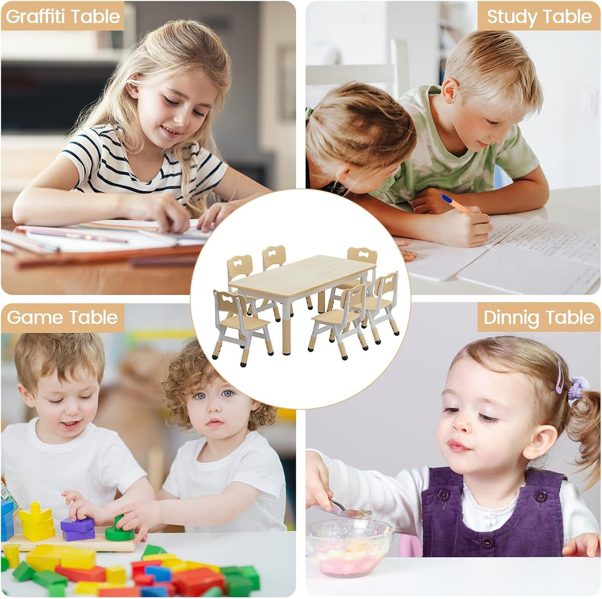 OUTLANE Kids Table and 6 Chairs Set, 47.2"X23.6" Activity Table with Anti-Slip Pads, Wooden Toddler Table and Chair Set with Storage Box, Art Craft Desk for Home Classroom Daycare, 12 Color Pens