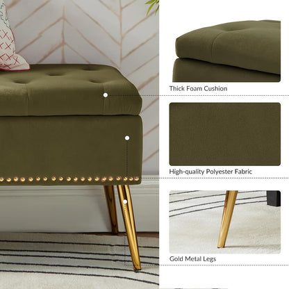 HULALA HOME Modern Velvet Storage Ottoman Bench with Gold Base & Nailhead Trim, Upholstered Bedroom Bench for End of Bed, Button-Tufted Footstool for Entryway Living Room Dining Room, Moss