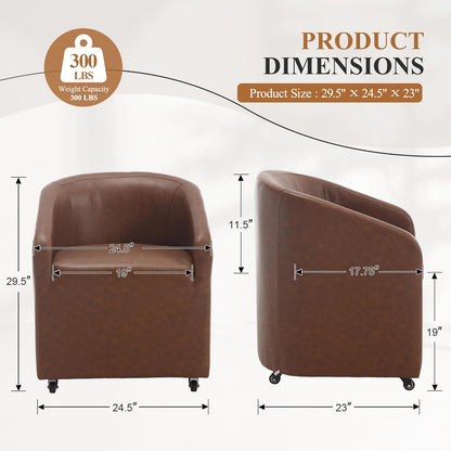 CIMOTA Brown PU Leather Barrel Dining Chairs with Wheels, Set of 1 — Modern Upholstered Swivel Dining Room Chairs on Casters for Kitchen, Living Room