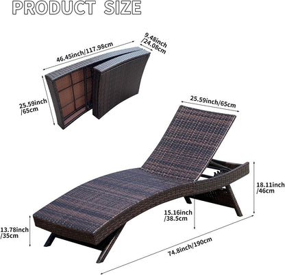 Set of Foldable Long Reclining Patio Seating Chairs, 2 Folding Chairs Patio Chaise Lounge, Outdoor Wicker Lounge Chaise, Rattan Chaise Lounge Lawn Sunbathing Recliner Beach Pool Backrest Recliners