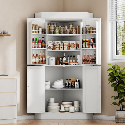 Gyfimoie Corner Cabinet,Kitchen Pantry Storage Cabinet,Freestanding Buffet Hutch with 4 Doors and Shelves,Tall Food Pantry Farmhouse Furniture with Side Rack for Kitchen Dining Room (White)