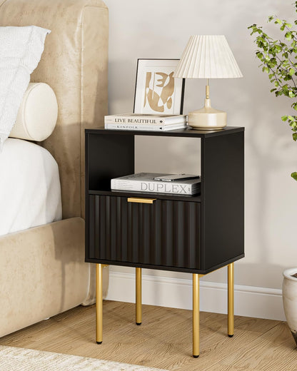 Nightstand,Modern Bedside Table with Gold Frame,White Night Stand,Bedside Furniture, Modern Side Table with Drawer and Shelf for Bedroom (Black)