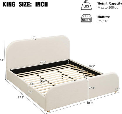 Merax King Size Bed Frame, Upholstered Linen Platform Bed with 44 Inch Tall Headboard & Footboard, Solid Wood Base, Soft Curved Edges Design King Bedframe, No Box Spring Needed, Easy Assembly, Beige