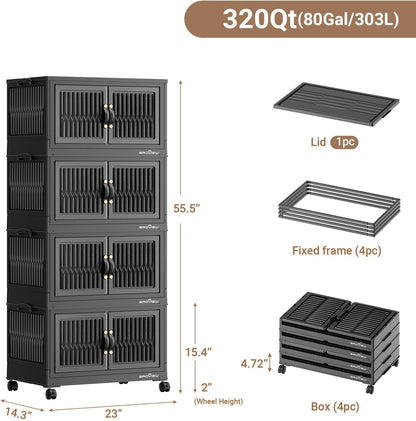 BROVIEW 320Qt Stackable Storage Bins with Lid, Extra Large Closet Organizer Collapsible Drawer Boxes with Wheels, Folding Plastic Cabinet Containers for Home Kitchen Room Organization, 4Pack Black