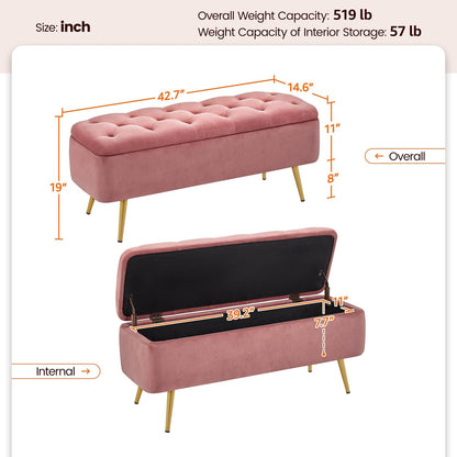 Yaheetech 43in Velvet Storage Ottoman Bench for Bedroom End of Bed, Pink | Button-Tufted Ottoman with 1.9C Storage Space, Tapered Gold Metal Legs, Sized for Entryway Living Room Window Seat