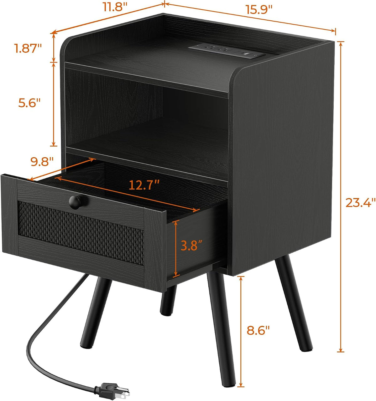 SUPERJARE Nightstands with Charging Station, Bedside Table Set of 2 with Texilene Surface Drawers, Rattan Side Table with Storage & Solid Wood Feet, End Table for Bedroom, All Black
