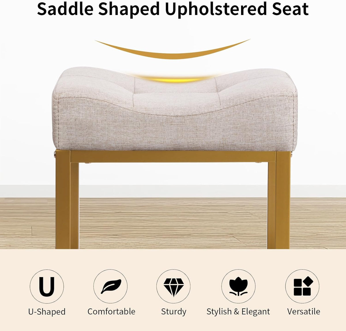 Saddle Seat Vanity Stool, Makeup Stool Chair with Metal Leg, U-Shaped Ottoman Foot Rest, Small Square Chairs Under Desk for Vanity, Living Room, Modern Makeup Bench Linen Light Brown&Gold