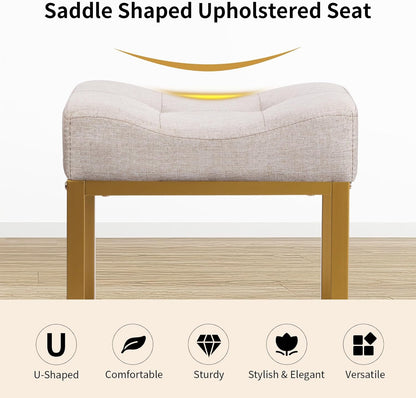 Saddle Seat Vanity Stool, Makeup Stool Chair with Metal Leg, U-Shaped Ottoman Foot Rest, Small Square Chairs Under Desk for Vanity, Living Room, Modern Makeup Bench Linen Light Brown&Gold