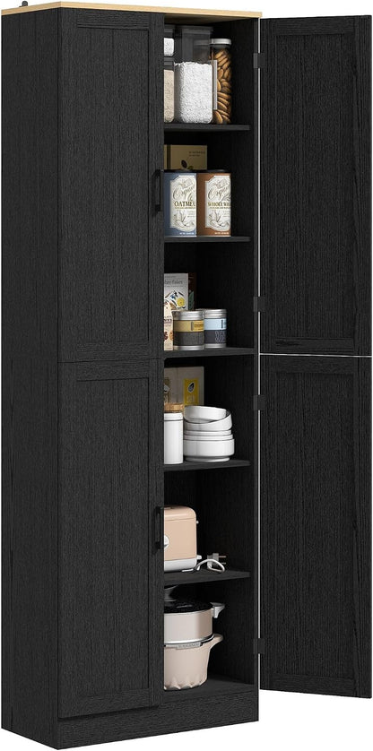 4-Door Bohemian Freestanding Kitchen Pantry Cabinet with Complete Adjustable Shelves, Distressed Black Finish in Vintage Design