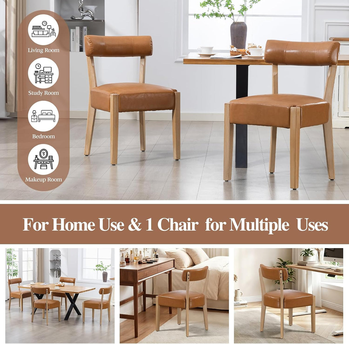 ZJhome Modern Dining Chairs Set of 8 Mid-Century Modern Faux Leather Upholstered Kitchen & Dining Room Chairs with Curved Back, Oversized Rounded Seat, Sturdy Wood Frame, Brown