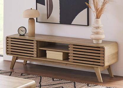 mopio Ensley 59" TV Stand with Slatted Door, Mid Century Modern Entertainment Center for 55/60/65 inch TV, Farmhouse Media Console with Storage, Adjustable Shelves, Round Edges, Living Room (Oak)