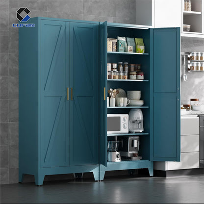 COFaR 71'' Tall Metal Storage Cabinet, Farmhouse Kitchen Pantry Cabinet with Doors and 4 Adjustable Shelves, Metal Pantry Storage Cabinets for Kitchen, Laundry, Peacock Blue 5-Tier
