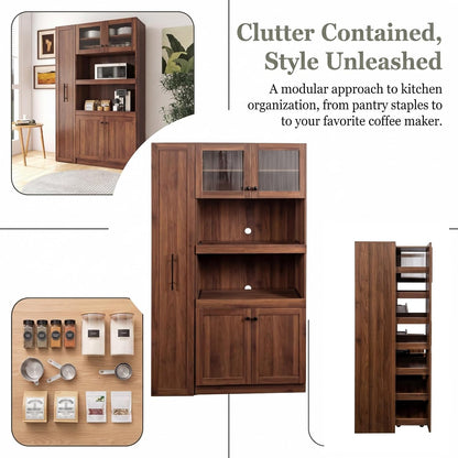 70.87" H Walnut Farmhouse Kitchen Pantry Cabinet, 4-Door Pull-Out Multi-Tier Storage Shelf, Pantry Organizer for Kitchen Dining Room
