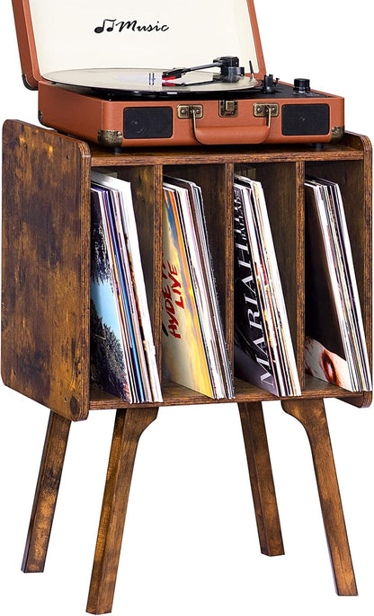 LELELINKY Small Record Player Stand, 4 Cabinet Vinyl Storage Table, Brown | Width 11.7 In, Up to 80 Albums, Vinyl Holder with Wood Legs, Turntable Stand Display Shelf for Bedroom and Living Room