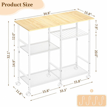 ThreeHio Kitchen Island cart with Storage, Mobile Kitchen Cart with 4 Hooks and Adjustable Shelf on Wheels, Rolling Microwave Stand Coffee Bar Baker's Rack Utility Cart for Kitchen, Dinning Room,White