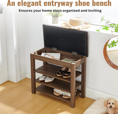 24" Short Entryway Shoe Storage Bench with Cushion, Height Adjustable 3-Tier Rubberwood Shoe Rack with Hidden Compartment, Brown Wood Shoe Organizer for Small Spaces