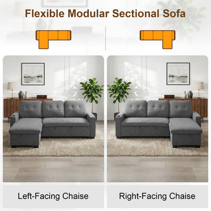 82" L Shaped Sleeper Sofa Bed, Pull Out Sectional Couch with Storage Chaise/Reclining Backrest, Sectional Couches for Living Room with USB Port, Foldable Table, Cup Holder, Side Pocket, Light Grey