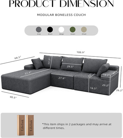 Lifelink 108" Couch L-Shaped - Modular Sectional Couches for Living Room Cloud Sofa with Deep Seat High Back Oversized Left Facing Chaise No Assembly Required