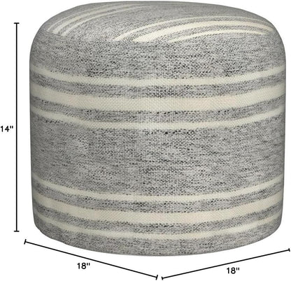 LR Home Ox Bay Farmhouse Triple Stripe Indoor Outdoor Pouf, Gray/White, 18" x 18" x 14"
