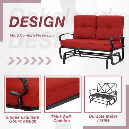 Crownland Outdoor Patio Glider Chair for 2-Person, Red | Wrought Iron Frame with Textilene Seat, Cushioned Loveseat, Smooth Gliding Bench for Porch, Garden, Backyard