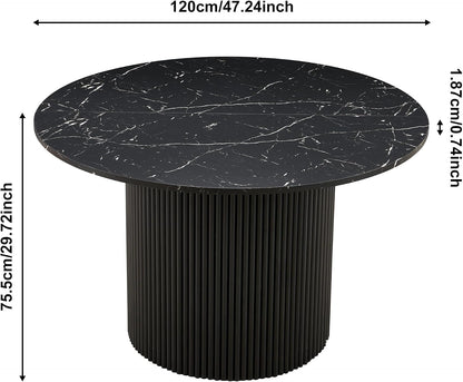 47" Round Dining Table for 4, Modern Farmhouse Marble-Look Foiled Top with MDF Striped Base, Kitchen & Dining Room Tables - Black