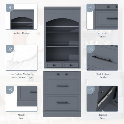 LUMISOL 83.7” Kitchen Pantry, Freestanding Tall Kitchen Hutch with Faux Marble Top, Cupboard Cabinet with 5 Drawers and Adjustable Shelf, Storage Cabinet for Kitchen Dining Room, Set of 2, Gray
