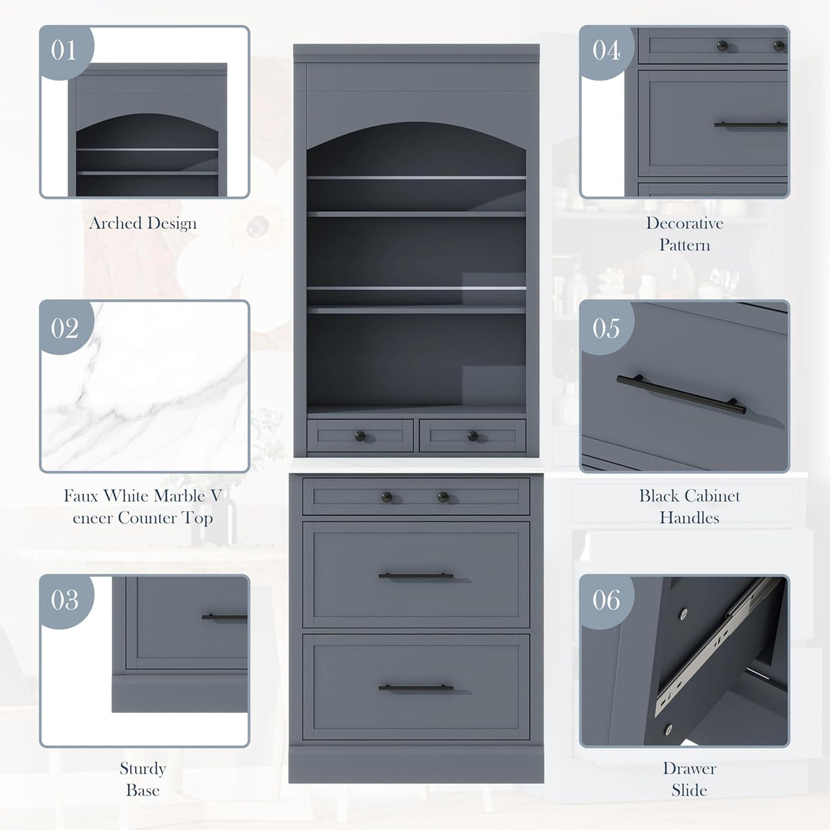 Modern 83.7inch High Kitchen Pantry Storage Cabine, Freestanding Tall Kitchen Hutch with Faux Marble Top, Display Cupboard Cabinet with 5 Storage Drawers and Adjustable Shelf, Gray