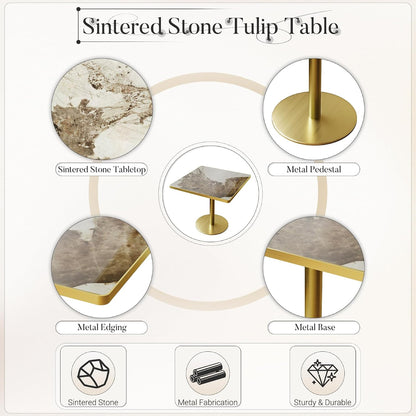 31.5" Square Dining Table, Square Restaurant Table with 1.2" Thick Sintered Stone Tabletop and Golden Metal Pedestal Base, Bistro Table for Diner, Bar, kitchen, Bakery, Apartment (Marble Patterns)