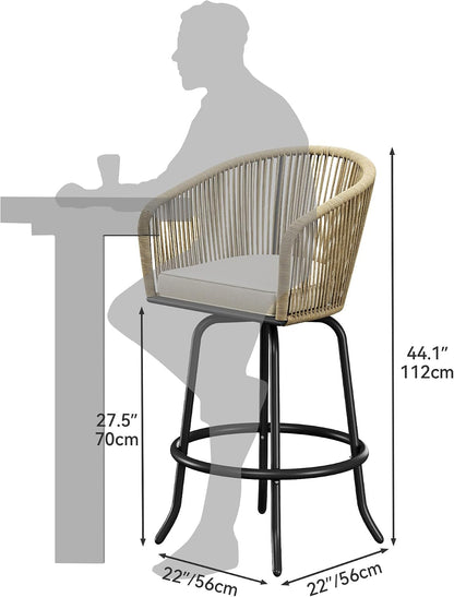 YITAHOME 27" Bar Stools Set of 4 with Arms & Cushions, 360° Swivel Outdoor Bar Stools, All Weather Counter Height Bar Stools Set of 4 with Curved Back for Backyard, Kitchen Island, Dining Room, Beige