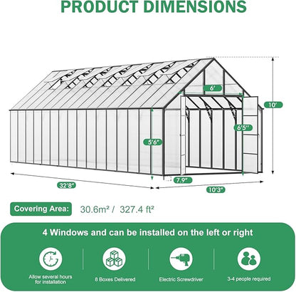 CDCASA 10x32 FT Greenhouse for Outdoors,Large Easy Assembly Thicker Aluminum Polycarbonate Greenhouses w/7 Windows, Double Door, Walk-in Green House for Outside,Patio,Backyard,Garden