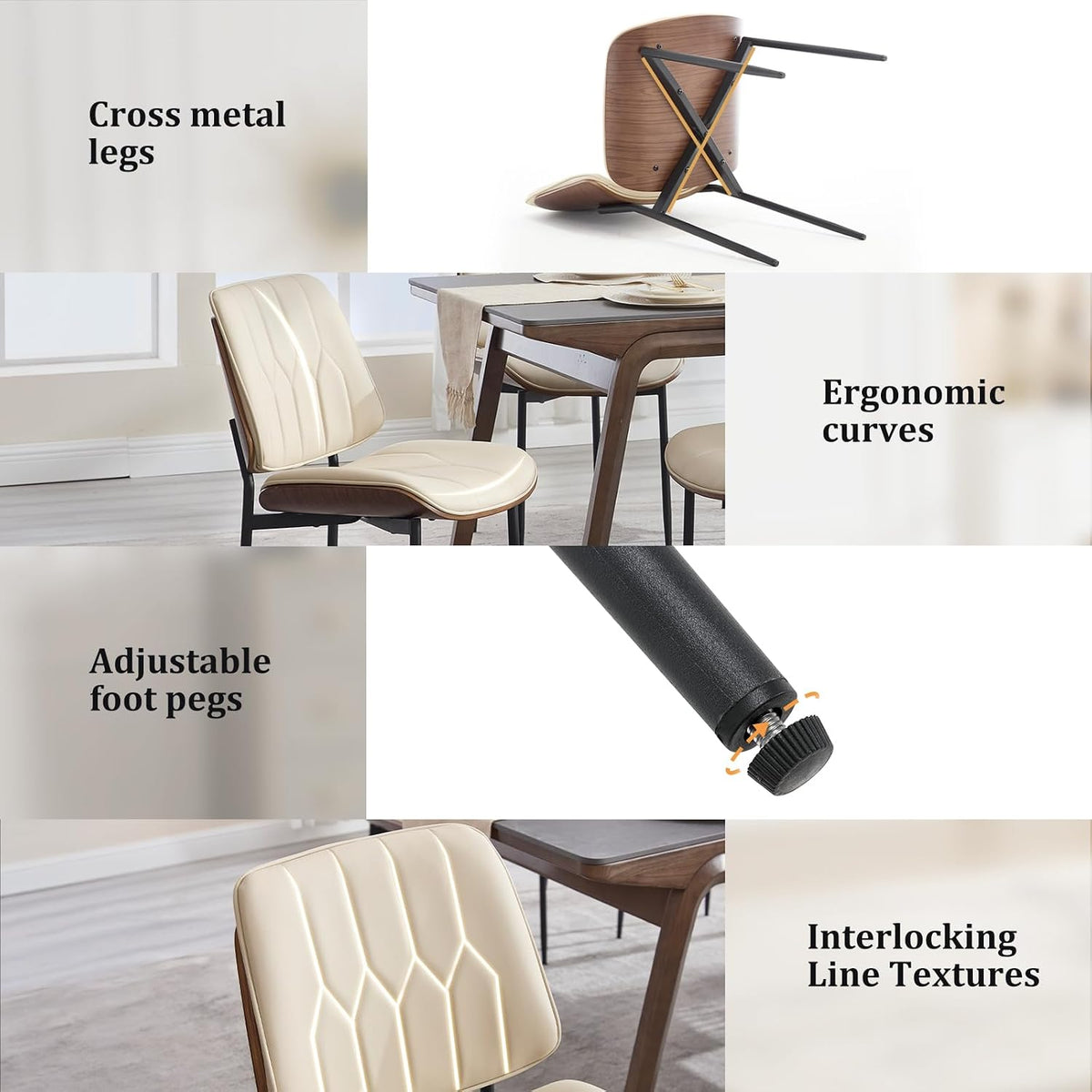 BV Mid Century Dining Chairs Set of 6, PU Leather Bentwood, Beige | Upholstered PU leather seat with walnut bentwood back, armless, retro mid-century style for kitchen, dining & living room