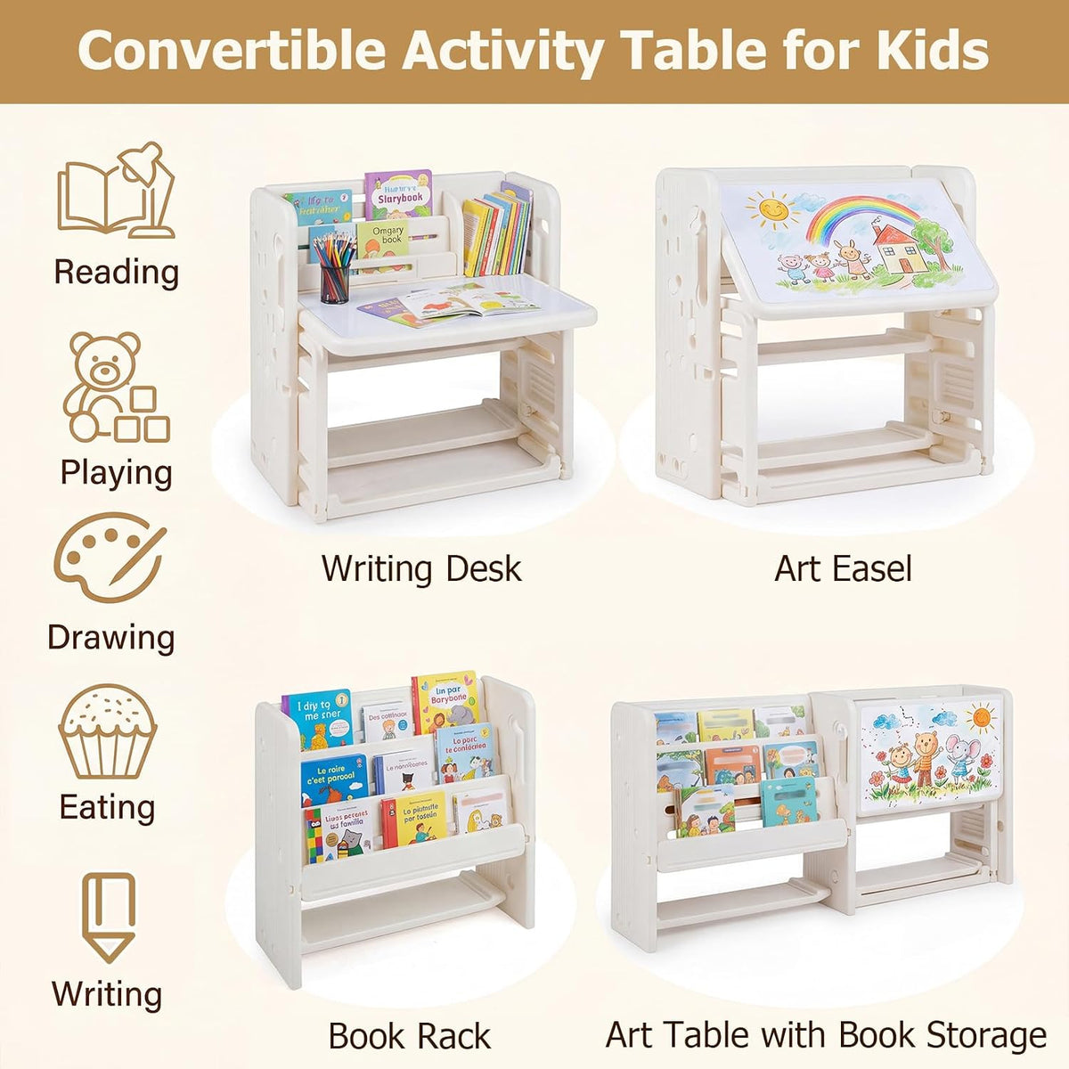 HONEY JOY Kids Table and Chair Set, Kids Art Table with Side Bookshelves | Toddler Activity Table with Erasable Whiteboard, Tiltable Desktop & Storage Baskets, for 3+ Years Old Boys & Girls