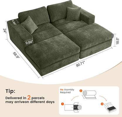 80.7" Oversized Double Chaise Lounge Chair Indoor, Cloud Sleeper Sofa Bed with 4 Pillows, Extra Deep Seat Cozy Loveseat Couch for Living Room Bedroom, No Assembly Required (Green)