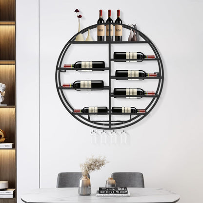 Round Wall Mounted Wine Rack 23.6Inch Metal Wine Display Rack Wine Glass Goblet Holder Bottle Holder for Bar Wine Cellar Kitchen Storage Display (Black)