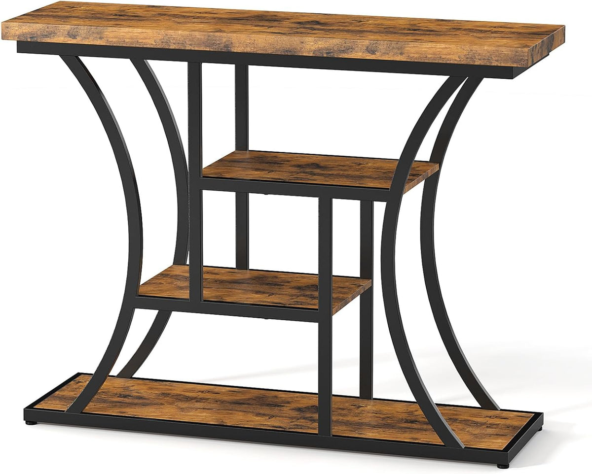 41.3'' Industrial Sofa Table with 4 Tier Storage Shelves, Narrow Long Console Table Entryway Table with Curved Metal Frame, Rustic Wood Accent Table for Hallway, Foyer, Rustic Brown