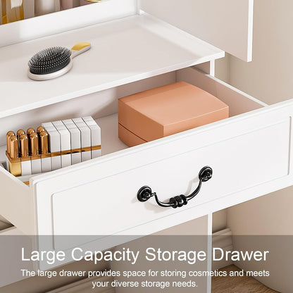 Small Makeup Vanity Desk with Mirror and Lights, Vanity Table Set with Storage Drawer & Open Shelves, 3 Lighting Colors, Adjustable Brightness Mini Makeup Vanity with Stool