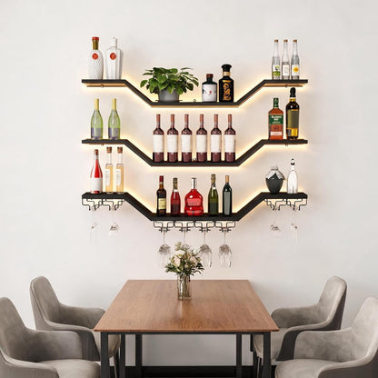 39.4in 3-Tier Floating Metal Wine Rack, Modern Wall Mounted Wine Shelf with LED Lights & Wine Glass Rack, Large Hanging Liquor Shelf Wall Mounted for Bar Home Dining Room Cafe Decorative, Black