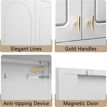 32" Wall Metal Storage Cabinet with Doors & Gold Handle | Adjustable Shelf, Sturdy Cold Rolled Steel, Hanging Storage, Bathroom, Pantry, Kitchen, 2 Doors, Tools Included, Space-Saving