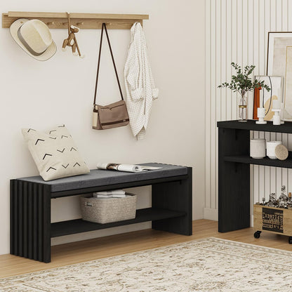 BON AUGURE 40" Entryway Shoe Bench with Storage & Cushion, Modern Fluted Shoe Rack for Mudroom, Sturdy Wooden Hallway Bench with 360 lbs Capacity, Black Oak