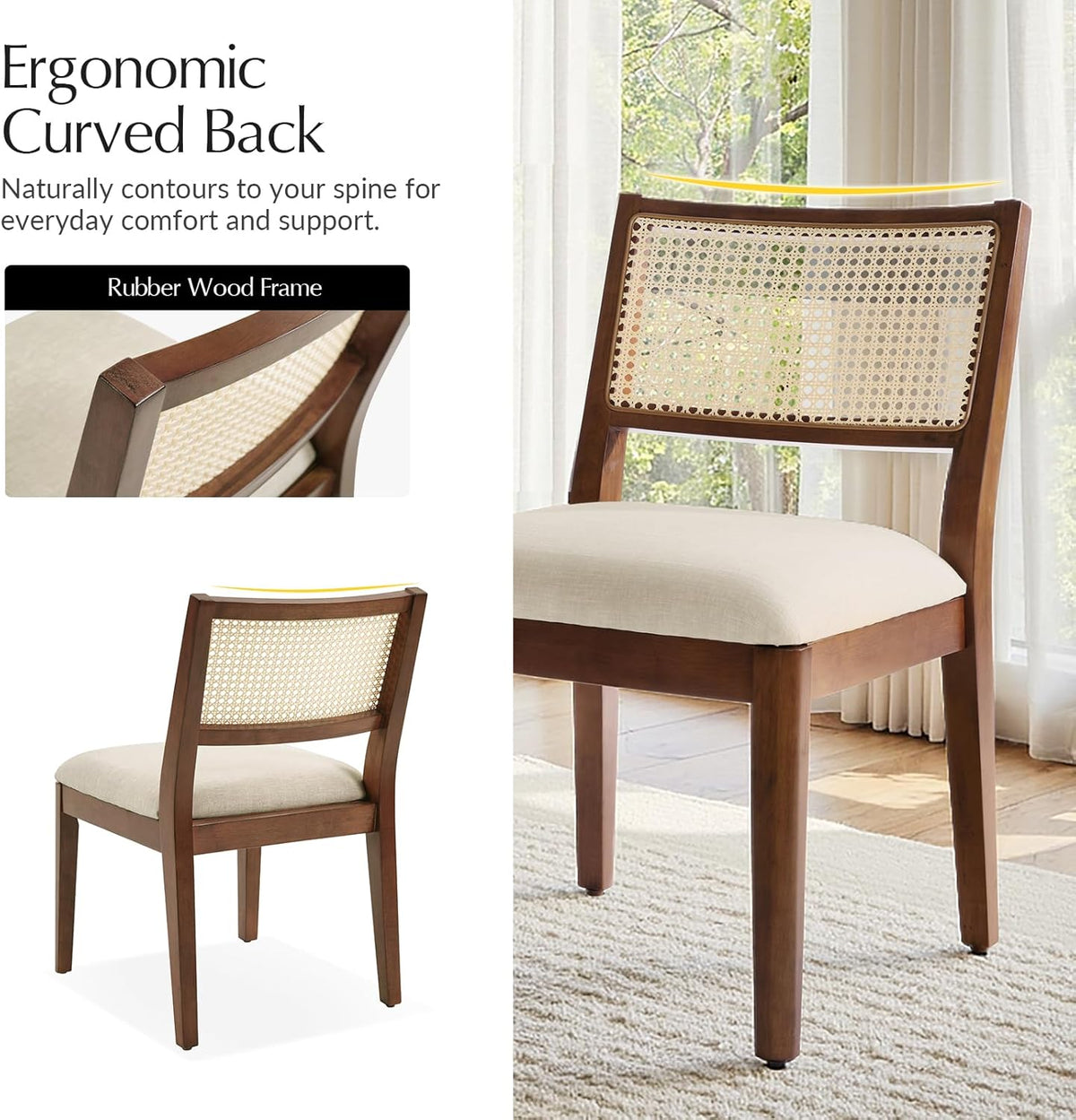 HULALA HOME Rattan Dining Chairs Set of 2, French Solid Wood Kitchen Dining Room Chairs with Curved Back, Upholstered Accent Dinner Cane Chair for Living Room Restaurant, Walnut