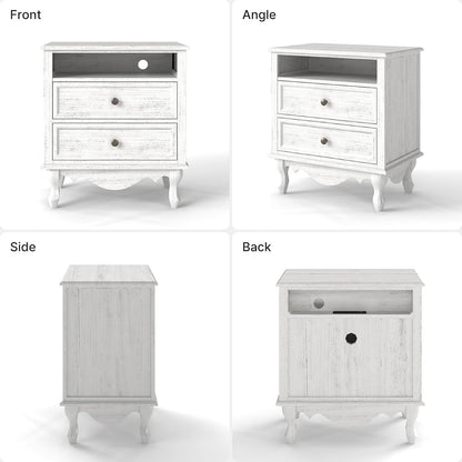 Solid Wood Nightstands Set of 2, Fully Assembled Night Stand with 2 Drawer & Open Shelf Storage, Bedside Table with Charging Station, Mid-Century Modern End Table for Bedroom, White