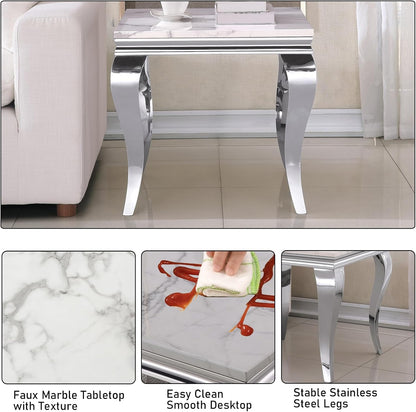 Henf 23in Square End Table Faux Marble End Table w/Stainless Steel Legs,Luxury Sofa Side Table Tea Table for Living Room Office, Nightstand Bedside Table for Bedroom, White and Silver End Side Table