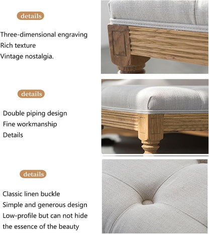 Modern French Vintage Bench with Padded Seat and Rubberwood Legs, Memory Foam Upholstered Entryway and Dining, Tufted Fabric End of Bed for Bedroom Living Room Hallway Entryway