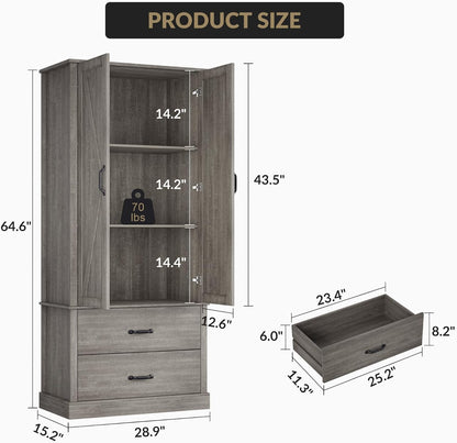 65" Tall Kitchen Pantry Cabinet with Barn Doors, Drawers & Adjustable Shelf, Farmhouse Storage Cabinet with Doors and Shelves for Kitchen Pantry Storage Cabinet, Dining Room, Laundry & Entryway, Grey