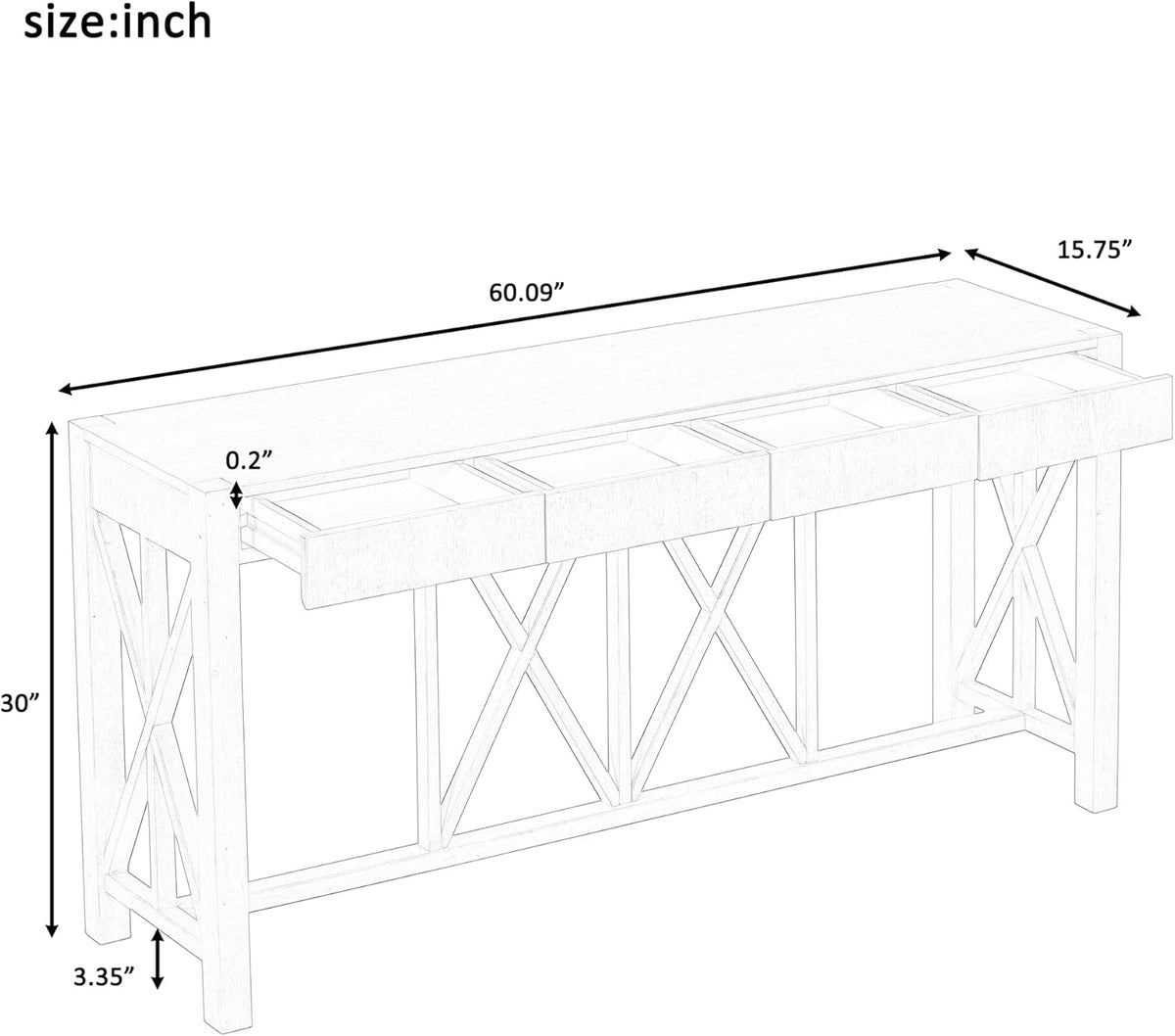 Farmhouse 60'' Console Table Sofa Table with 4 Spacious Drawers and Open Bottom Storage, Modern Crisscross Design Entryway Table for Living Room,Kitchen,Dining Room (Black-X)