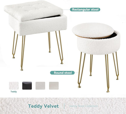 BRIAN & DANY Vanity Stool, Sherpa Vanity Stool Chair with Storage, Rectangle Makeup Chair Soft Padded Seat with Legs for Bedroom (White)
