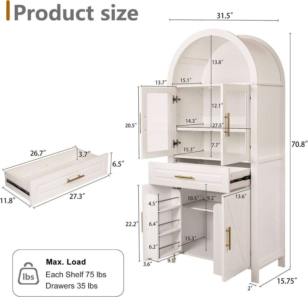 SOFTSEA Arched Kitchen Pantry Cabinet with Glass Door, 71" Tall Cupboard Cabinet with Adjustable Shelves & Barn Door, Farmhouse Kitchen Hutch with Drawer for Dining Room, White