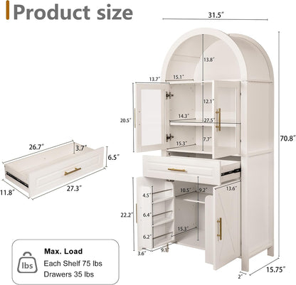 GDFStudio 71" Tall Arched Cabinet with Glass Door & Barn Door Design, Modern Farmhouse Storage Cabinet with Adjustable Shelves - White
